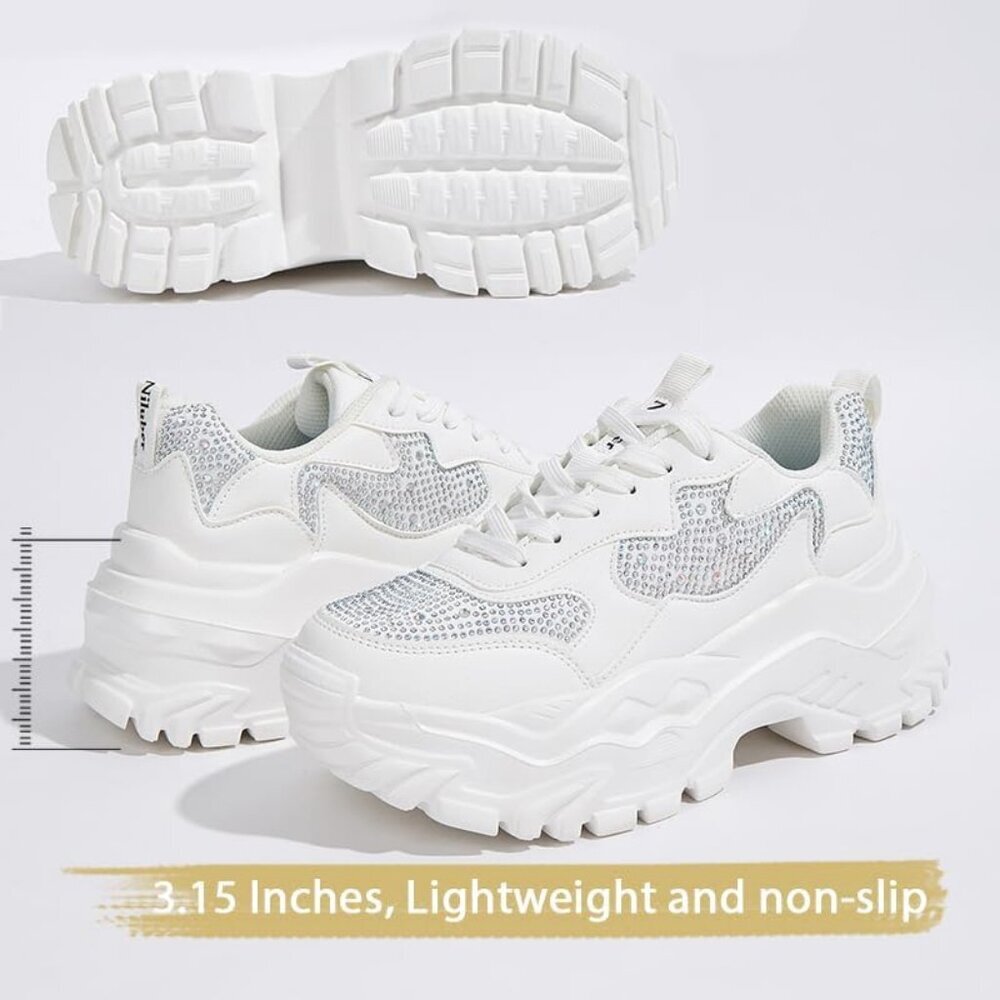 Women White Rhinestone Casual Tennis Lace Up Chunky Sneakers Shoes - Picture 2 of 7